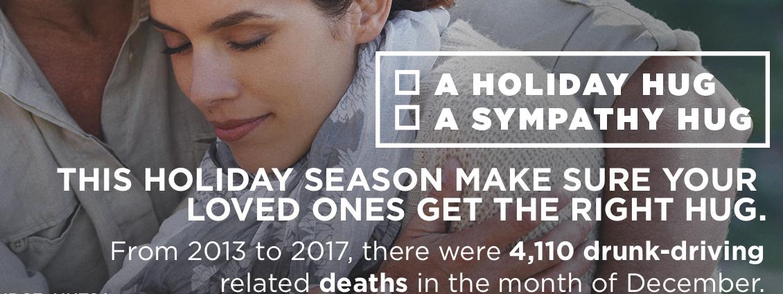 Two people hugging with text, This holiday season make sure your loved one gets the right hug. From 2013 to 2017, there were 4,110 drunk-driving related deaths in the month of December Two people hugging with text, This holiday season make sure your loved one gets the right hug. From 2013 to 2017, there were 4,110 drunk-driving related deaths in the month of December