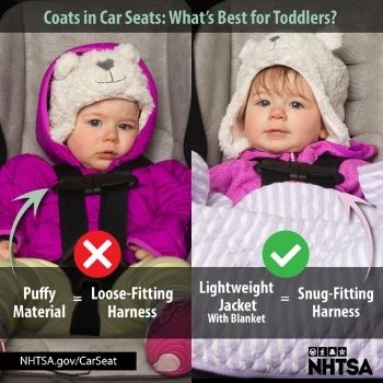 Side by side of children in car seat, one in puffy coat, one not.
