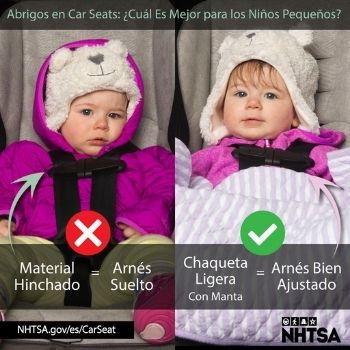 Side by side of children in car seat, one in puffy coat, one not.