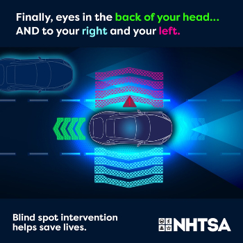 Infographic, text reads, Finally eyes in the back of your head...and to your right and left. Blind Spot intervention helps save lives.
