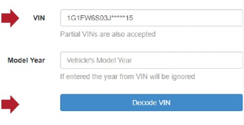 Screenshot of a text box to enter VIN, model year. Button reads Decode VIN.