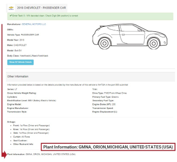 Screenshot of vehicle detail results page, arrow pointing to text at the button listing plant information.