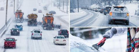 Snow plows, ice scraper used on window and cars lined up in snowy traffic
