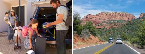 Summer image collage with family packing car and car on a summer road trip