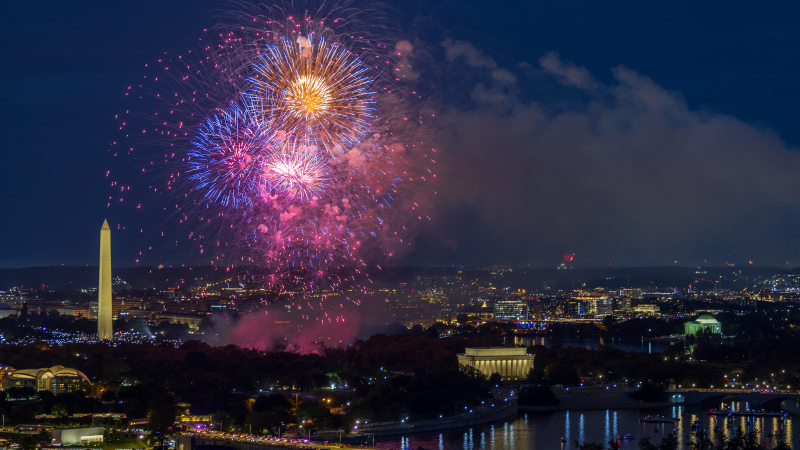 fireworks over washington, dc at night